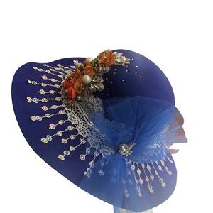 Bohemian Floppy Blue Felt Hat with Lace Flowers Rhinestones Tulle Bow NEW